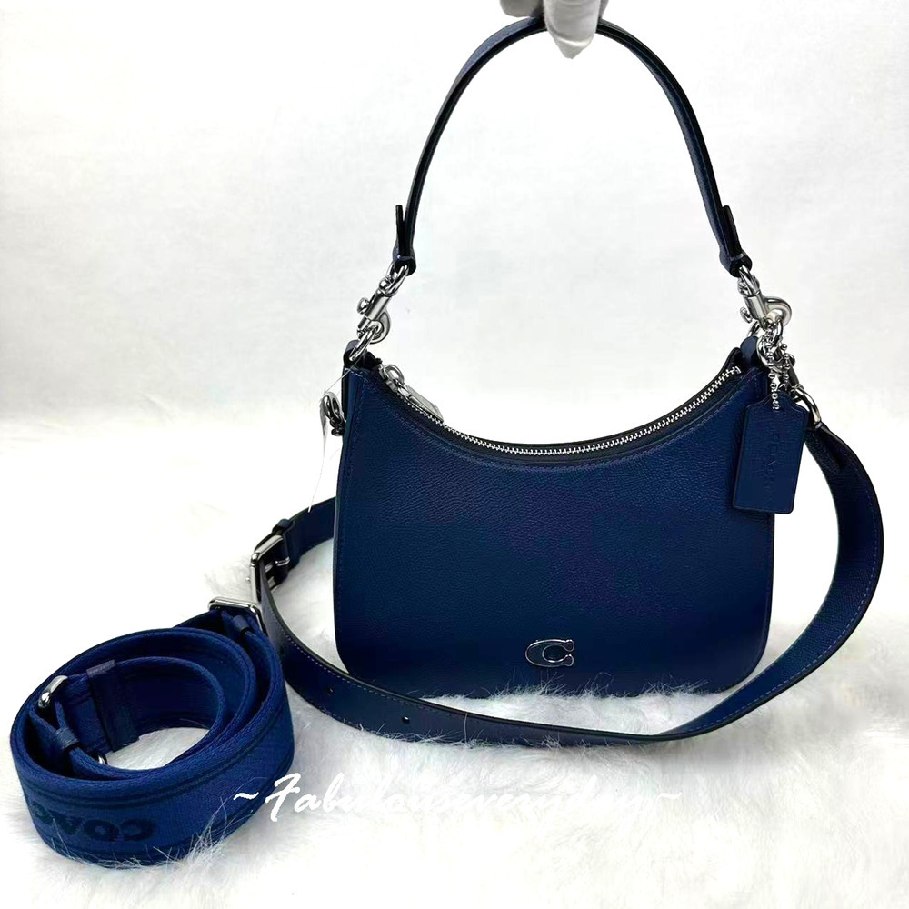 Coach 3 Straps Hobo Crossbody Bag In Crossgrain leather/Deep Blue CJ842 NWT